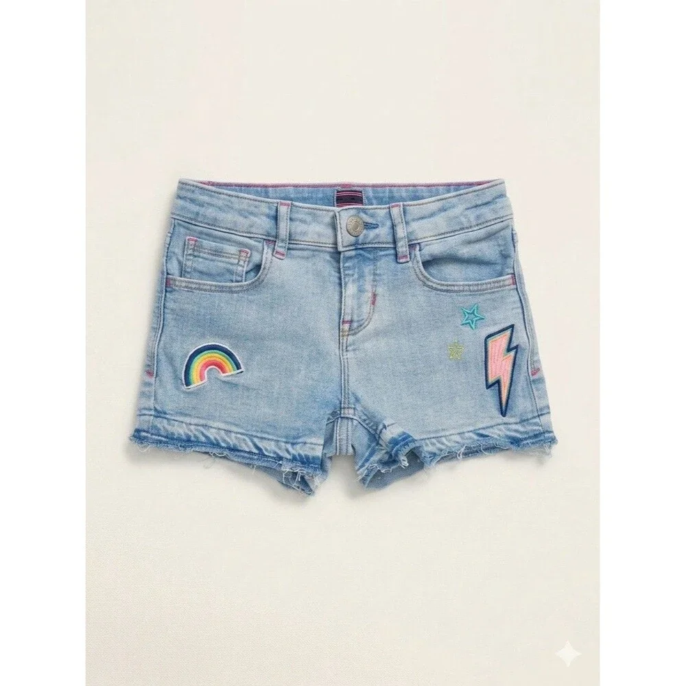 Gap Kids Girls Size 8 Embroidered Denim Shorts Y2K Patchwork Sun Rainbow